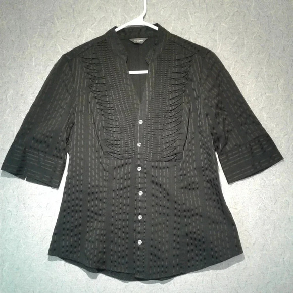 Women's Black Short Sleeve Pleated Blouse with Shiny Buttons Size M - Picture 7 of 15